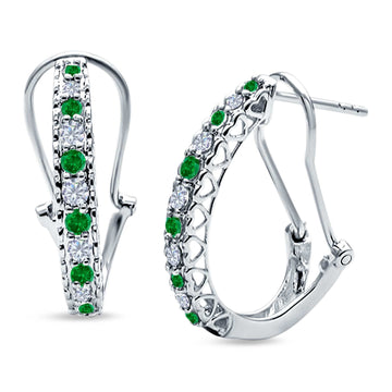 Half Eternity Heart Huggie Hoop Earrings Round Simulated Green Emerald CZ 925 Sterling Silver (18mm)